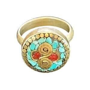 1950s Vintage Tribal Moroccan Brass Ring with Turquoise & Coral Mosaic Size 6.5
